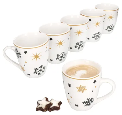 Produktbild von 6x Stars schwarz gold Kaffeebecher 300ml Steingut-Tassen 6 Pers. Weihnachten