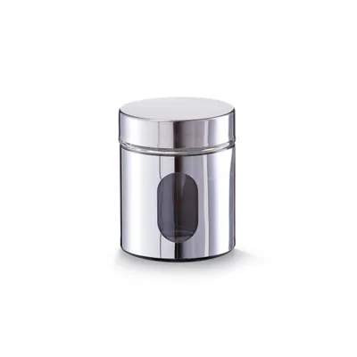 A silver and glass storage jar on a white background.