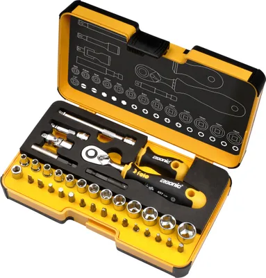 Produktbild von Felo Werkzeug-Set mit ERGONIC Ratsche 1/4 Zoll und ERGONIC Stubby 1/4 Zoll, ergonomischer Griff, präzise, langlebig, bis zu 100 Nm