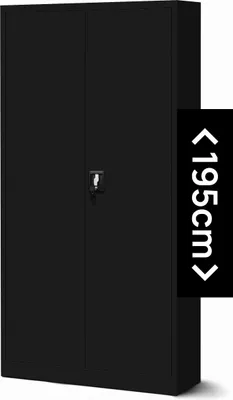 A black metal filing cabinet with two doors and a lock is shown against a white background. A black overlay with white text indicating a size is on the right side of the image.