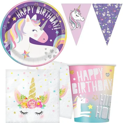 Produktbild von 33 tlg. Partyset Einhorn Geburtstag Deko lila Einweggeschirr Party Kindergeburtstag
