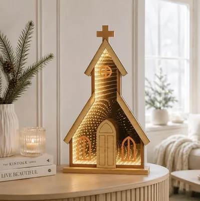 Produktbild von Luca Lighting LED Leuchtdeko Kirche 50 LED warmweiss 38 cm Holz Braun