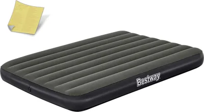 A dark gray inflatable mattress with a black base and side, featuring the Bestway logo. There is also a folded yellow document in the upper left corner.