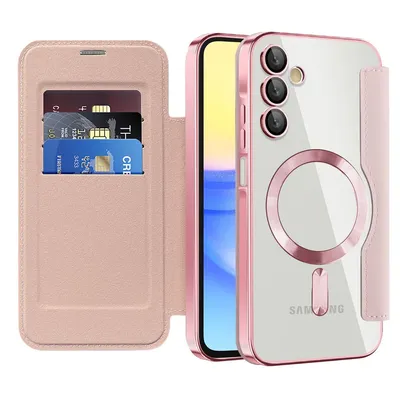 Produktbild von Klapphülle für Samsung Galaxy A15 Kompatibel mit Magsafe, Klar Überzug Kartenhalter Ledertasche mit Kameraschutz Pink
