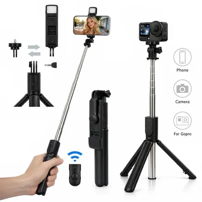 Produktbild von Selfie Stick Bluetooth mit LED Licht 4 in 1 Stativ Teleskop Stange Handyhalterung für Smartphone mit Fernbedienung Universal Kabellos Leicht mit Klemme