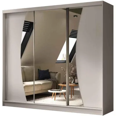 A sliding door wardrobe with mirrored panels reflecting a living room scene with a sofa and coffee tables.