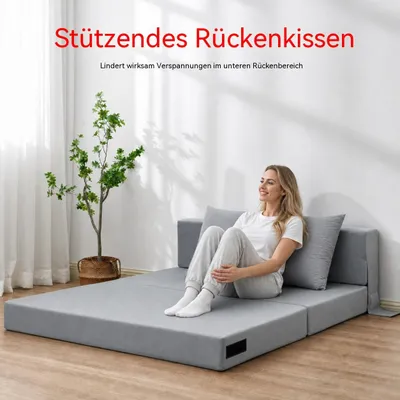 Produktbild von 3-in-1 Faltbares Schlafsofa 140x200 cm, Umwandelbares Sofa Gästebett mit 2 Kissen, 30D-Schaumstoff waschbarer Bezug, für Wohnzimmer Schlafzimmer, Grau