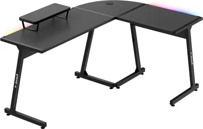 Zdjęcie produktu dla Biurko narożne – stanowisko pracy – do pracy w domu – dla graczy – oświetlenie RGB LED – 147x122 cm – czarne