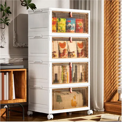 Image de Boîte de rangement avec couvercle – 28 l x 4 boîtes en plastique avec couvercle, boîtes de rangement avec couvercle, boîte pliable, bacs de rangement pliables pour la maison et le bureau, blanc