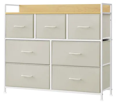Obrázok produktu pre Komoda so 7 zásuvkami a úchytkami | Krémovo-béžová | 98,1 x 28,6 x 85,1 cm