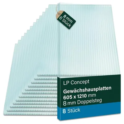 Produktbild von Gewächshausplatten 8 Stk. | Hohlkammerplatten Doppelstegplatten 8mm | Platten für Gewächshaus | 605x1210mm
