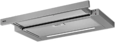 A close-up, angled view of a modern stainless steel range hood.