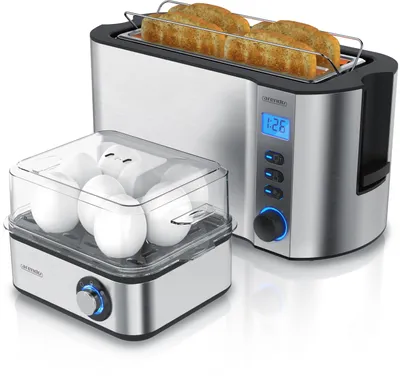 Produktbild von Arendo Frühstücksset 2-teilig, 4-Scheiben Langschlitztoaster, 8er Eierkocher, Silber