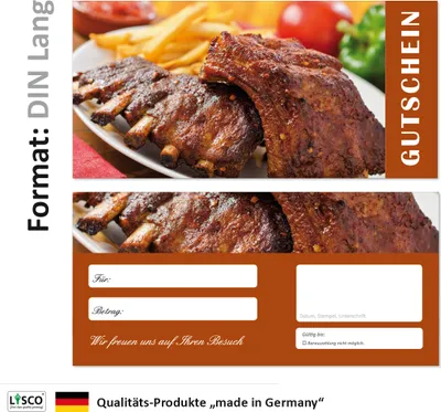 Produktbild von 10 Stück Geschenkgutscheine (Rippchen-698) Gutscheine Gutscheinkarten für Bereiche wie Gastronomie Fleisch Grillen Restaurant