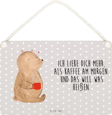 Produktbild von Mr. & Mrs. Panda Schild Bär Morgenkaffee DIN A4 - Grau Pastell - Geschenk, Türschild, Holzschild, Freund, Valentinstag, Freundin, für Partner, kleine aufmerksamkeit