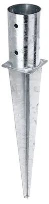 A galvanized metal ground sleeve with a pointed base and a cylindrical top with two holes.