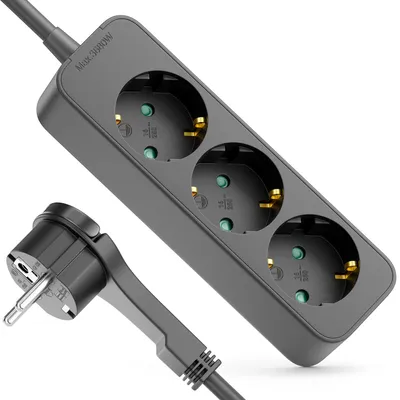 Produktbild von deleyCON 3-Fach Steckdosenleiste mit Flachstecker - 5m Kabel - Ideal hinter Möbel, Mehrfachsteckdose Stromkabel Verteiler Verlängerung Stromleiste 3680W 16A - Schwarz