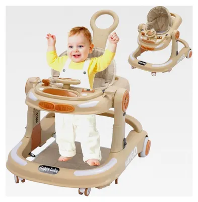 Produktbild von 4-in-1 Lauflernhilfe, höhenverstellbarer Baby Walker mit Esstablett, Spielcenter, Bodenmatte und Bremse, Anti-Kollisions-Design, faltbarer Lauflernwagen für Babys ab 6 bis 18 Monaten