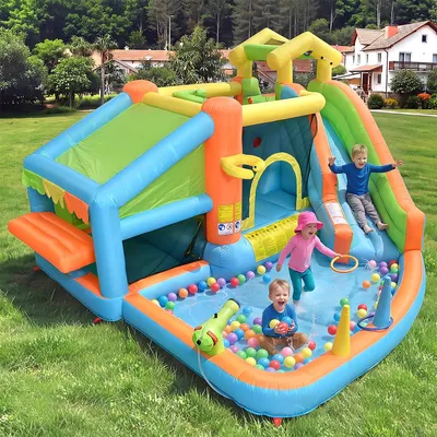 Produktbild von Kinder Hüpfburg mit Rutsche, Basketballkorb und Spielküche Aufblasbarer Wasserpark Castle Bouncer 360*350*210cm