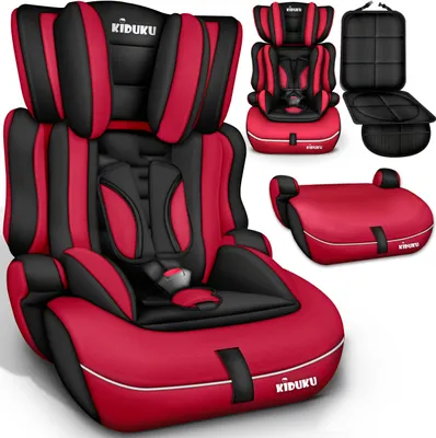 A collage of a red and black car seat and its components.