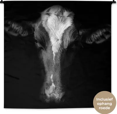 Produktbild von MuchoWow® Wandteppich Wandbehang Kuh - Tiere - Schwarz 120x120 cm Tapisserie Dekoration Wandtuch - Modern - Baumwollgewebe