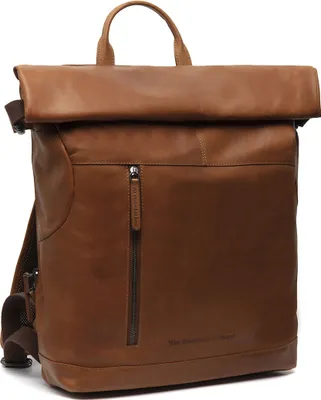 A brown leather rucksack is shown against a white background.