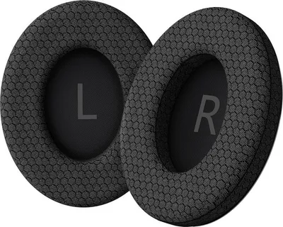 Two black ear pads for headphones, labeled L and R.