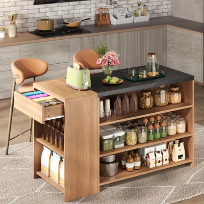 Immagine prodotto di Merax: isola da cucina con tavolo da bar effetto marmo, tavolo da pranzo con 5 ripiani e cassetto, bancone da cucina, carrello di servizio, nero/rovere