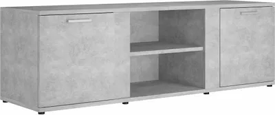 A front view of a gray TV stand with two doors and two open shelves.