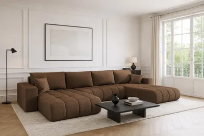 Image de Canapé d'angle avec fonction sommeil et coffre de lit MILO U PREMIUM, tissu MONOLITH, brun clair