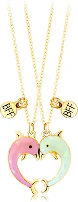 Produktbild von Bixorp Friends BFF-Halskette für 2 mit Delfinen – Rosa und Grün – goldfarbene Halskette für beste Freunde – Freundschaftsgeschenk für zwei