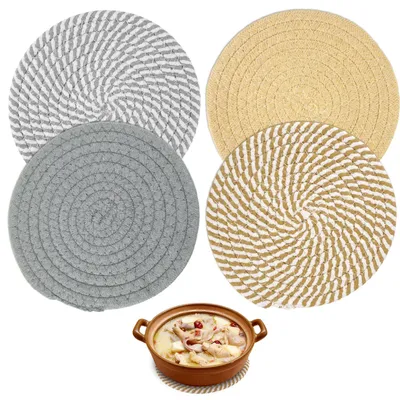 6 runde geflochtene Untersetzer aus Naturtuch mit Halter