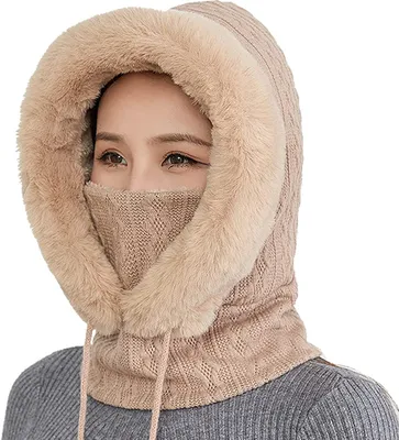 Produktbild von 2 in 1 Wintermützen Strickmütze Warme Mütze Schal Anzug Mütze Winter Strickmütze mit Fleecefutter Damen Winddichte Mütze Kalte Skimütze
