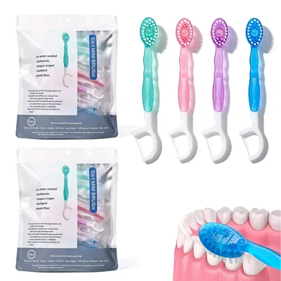 Imagen del producto de Cepillos de dientes de viaje, 60 unidades, mini cepillos de dientes 5 en 1 con pasta de dientes, de un solo uso, para llevar de viaje