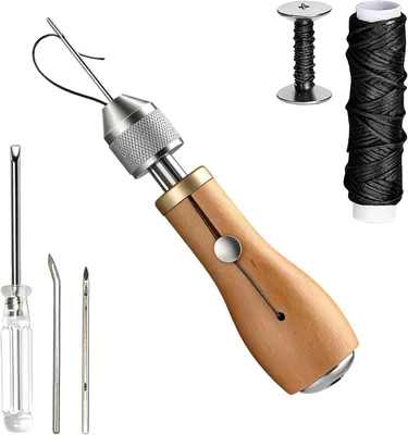 Produktbild von Leder Nähset mit Nähnadel, Wachsfaden und Schraubendreher