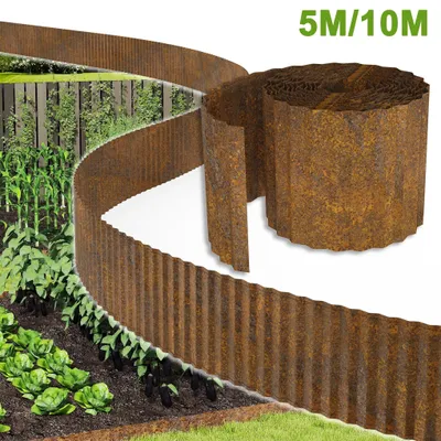 Productafbeelding van LZQ 5 meter graskant van cortenstalen staal, 18 cm hoog. Bloembakrand met roestige uitstraling. Roestkleurig metalen graskant, weerbestendig - golfpatroon