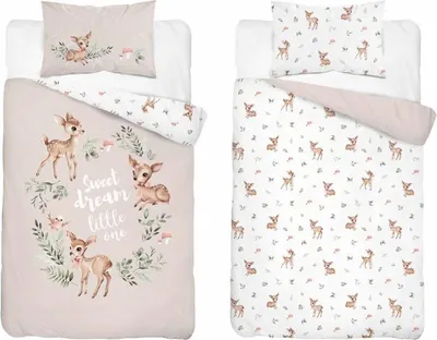 Two views of a children's bedding set with a deer motif.