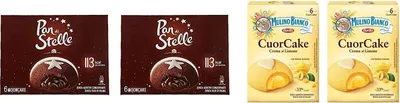 Produktbild von Testpaket Barilla Mulino Bianco Cuor Cake Snack gefüllt mit Zitronencreme - Pan di Stelle Mooncake Snack gefüllt mit Schokocreme ( 24 x 35g )
