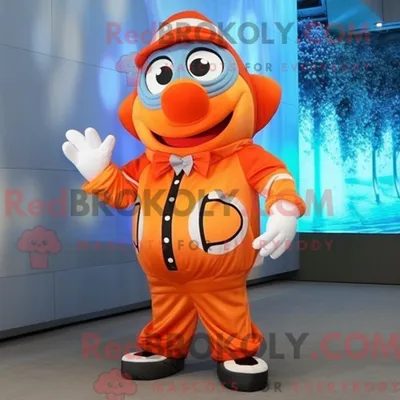 Productafbeelding van Mascottefiguur REDBROKOLY van een oranje clownvis gekleed met een jas en hoofdbanden