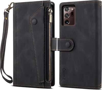 Image de Etui de protection pour Samsung Galaxy Note 20 Ultra/Note 20 Ultra 5G, étui en cuir avec fermeture éclair, portefeuille pliable avec fente pour cartes, support et sangle noir