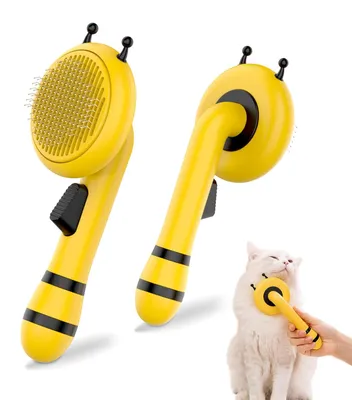 Produktbild von Bienenkatzenbürste, selbstreinigende Katzenbürste mit Entriegelungsknopf, Katzenhaarbürste zur Haarentfernung, Haustierpflegebürste für Katzen und Hunde mit kurzem und langem Haar (Gelb)