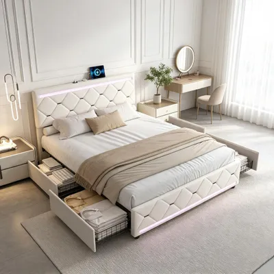 Produktbild von INONEFT Polsterbett 160x200cm mit USB und LED, Jugendbett Doppelbett mit 4 Schubladen, Doppelbett Stauraumbett mit Lattenrost, Samt, Beige