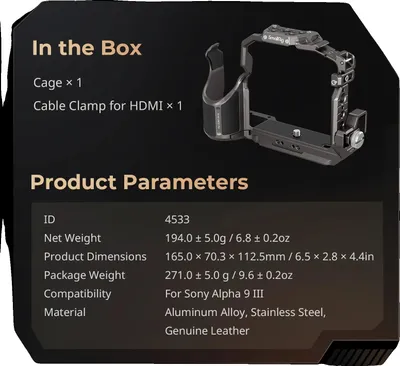 Obrázek produktu pro Klec na fotoaparát, ergonomická rukojeť, rychloupínací destička, kompatibilní s fotoaparáty Sony Alpha, klec 4533