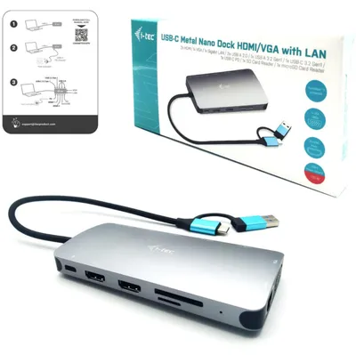 Produktbild von i-tec USB 3.0 USB-C/Thunderbolt 3x Display Metal Nano Dock with LAN + Power Delivery 100 W, Kabelgebunden, USB 3.2 Gen 1 (3.1 Gen 1) Type-A + Type-C, 100 W, 10,100,1000 Mbit/s, Silber, MicroSD (TransFlash), SD
