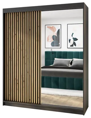 Produktbild von Schwebetürenschrank 120 cm Schwarz mit Spiegel – Kleiderschrank 2-türig, 3D-Lamellen, moderner Schrank mit SchiebetürenSpiegel & 3D-Lamellen, Moderner Schwebetürenschrank Premium Design