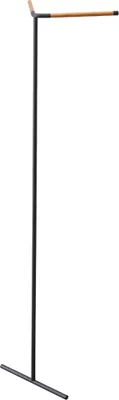 A minimalist black coat rack with a wooden bar, shown against a white background.