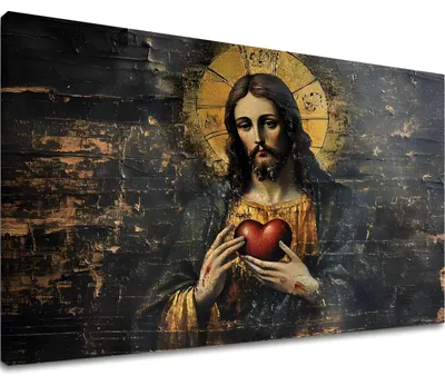 Obrázok produktu pre Najsvätejšie Srdce Ježiša – obraz na plátne do spálne 150x100 cm, ručne dotvorený, zlaté plátky | Papilora