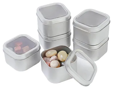 Obrázok produktu pre Sada 6 úložných boxov – kovové plechové nádoby s vekom – s priehľadným okienkom – objem 240 ml – na usporiadanie malých predmetov – stabilná konštrukcia – úložná nádoba