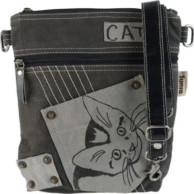Produktbild von Damen Tasche Umhängetasche, Handtasche aus Canvas & Leder. Nachhaltige Produkte, Groß Vintage, Schultertasche, Katzenmotiv Crossbody
