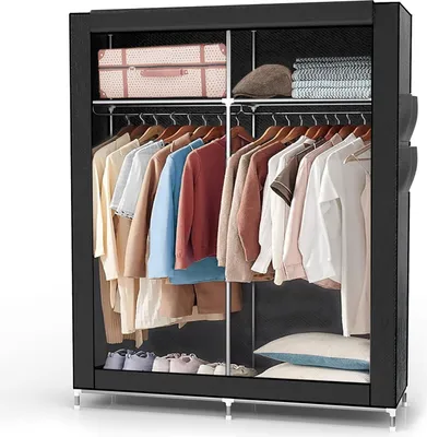 Produktbild von Intirilife Faltschrank 108x170x45 cm in RABEN SCHWARZ - mit Reißverschluss Stoffschrank Kleiderschrank mit Kleiderstange, Fächern und Seitentasche - Camping Steckschrank Textil Garderobe